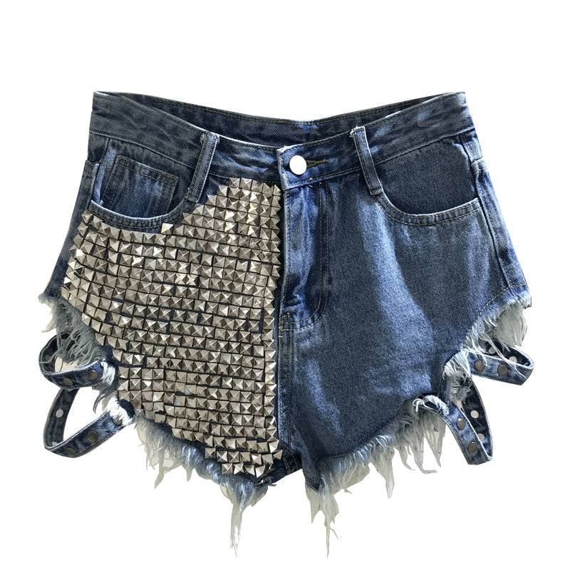 Front view of women's high-rise shorts, perfect casual bottoms with modern rivets for everyday summer style.