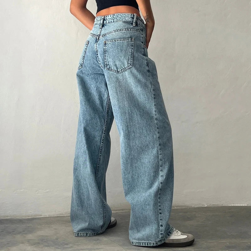 Flattering high-rise women's jeans with a flowing straight leg. Comfortable modern style bottoms for everyday wear.
