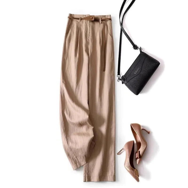 Khaki high-rise flowy trousers for women, ideal for a chic, versatile and comfortable fashion look.