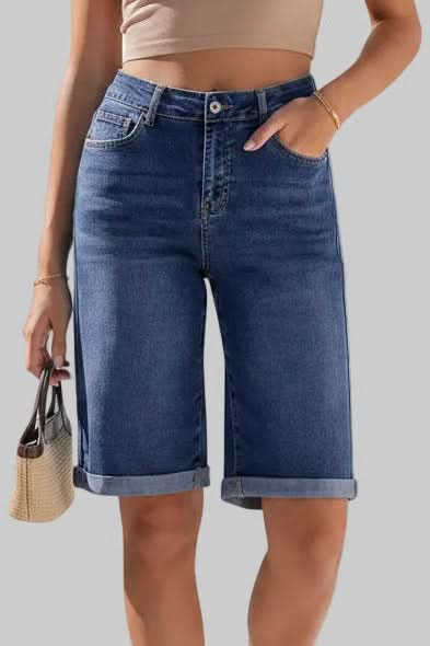 Women's high-rise long shorts, a comfortable & stylish choice for casual summer daywear bottoms.
