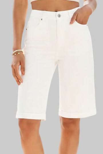 Women's casual high-rise long shorts, offering relaxed comfort and effortless style for summer daywear.