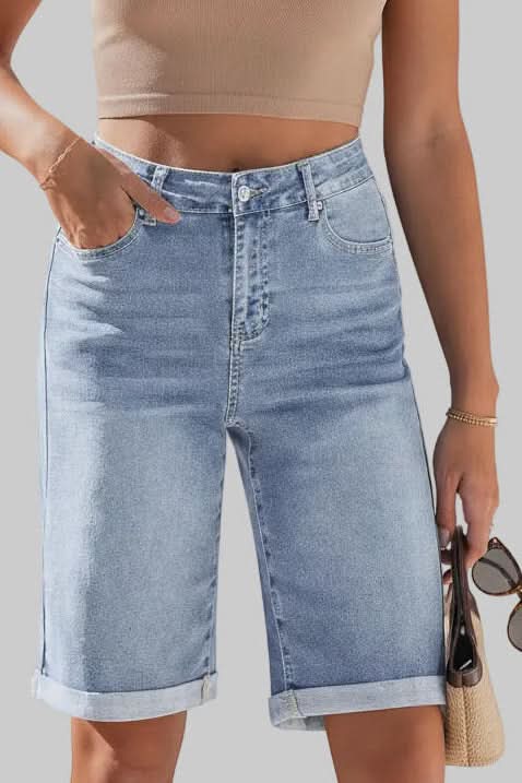 Long high-rise shorts for women, combining effortless style with relaxed comfort for summer daywear.