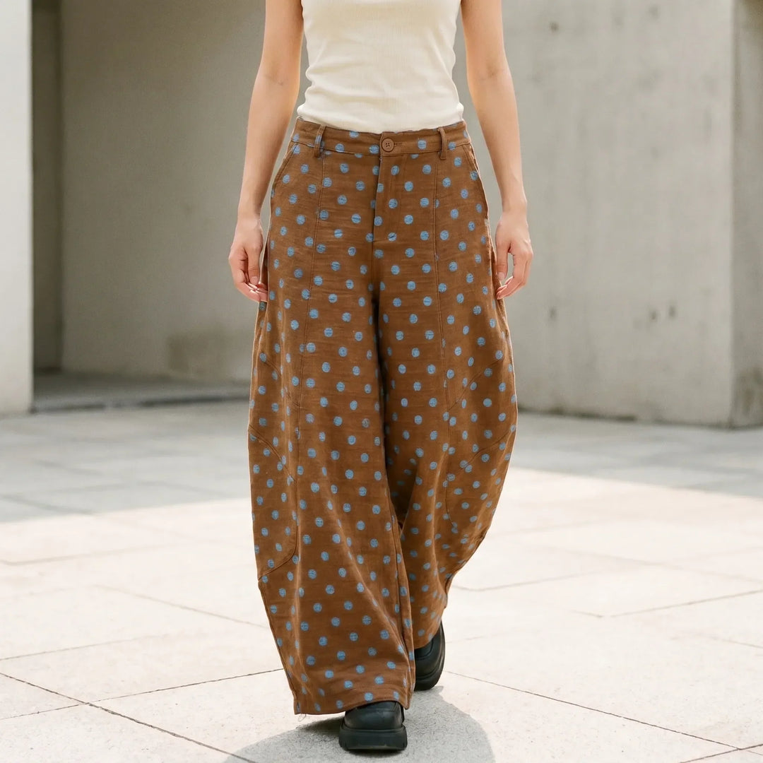 Women's high-rise polka dot wide barrel-leg pants, perfect for comfortable and versatile casual summer fashion.