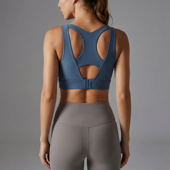 Kathleen full cup sports bra, high support, designed for women's intense gym workouts, side view.