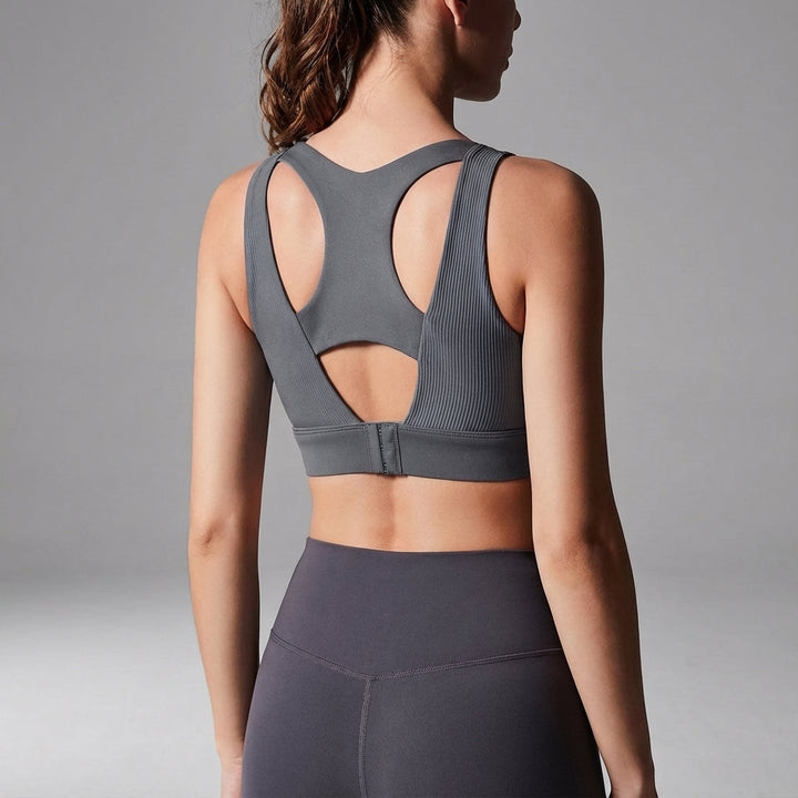 Back view of a black high support full cup sports bra for women's fitness and activewear.
