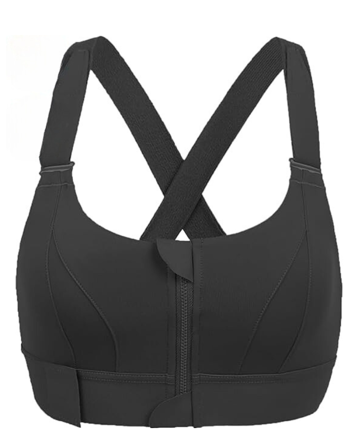 Back view of a women's sports bra with adjustable straps, offering high support for gym clothing & active workouts.