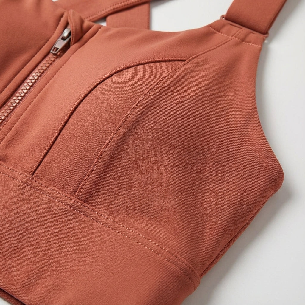 Close-up of the front zipper on a women's quick-dry sports bra, highlighting adjustable features.