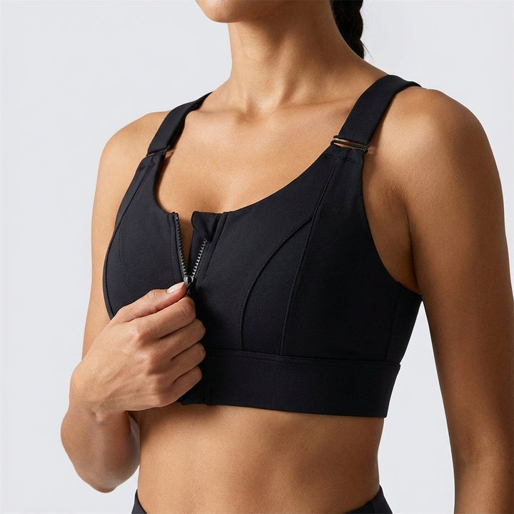 Back view of women's adjustable sports bra showing strap details, suitable for high-impact activities.