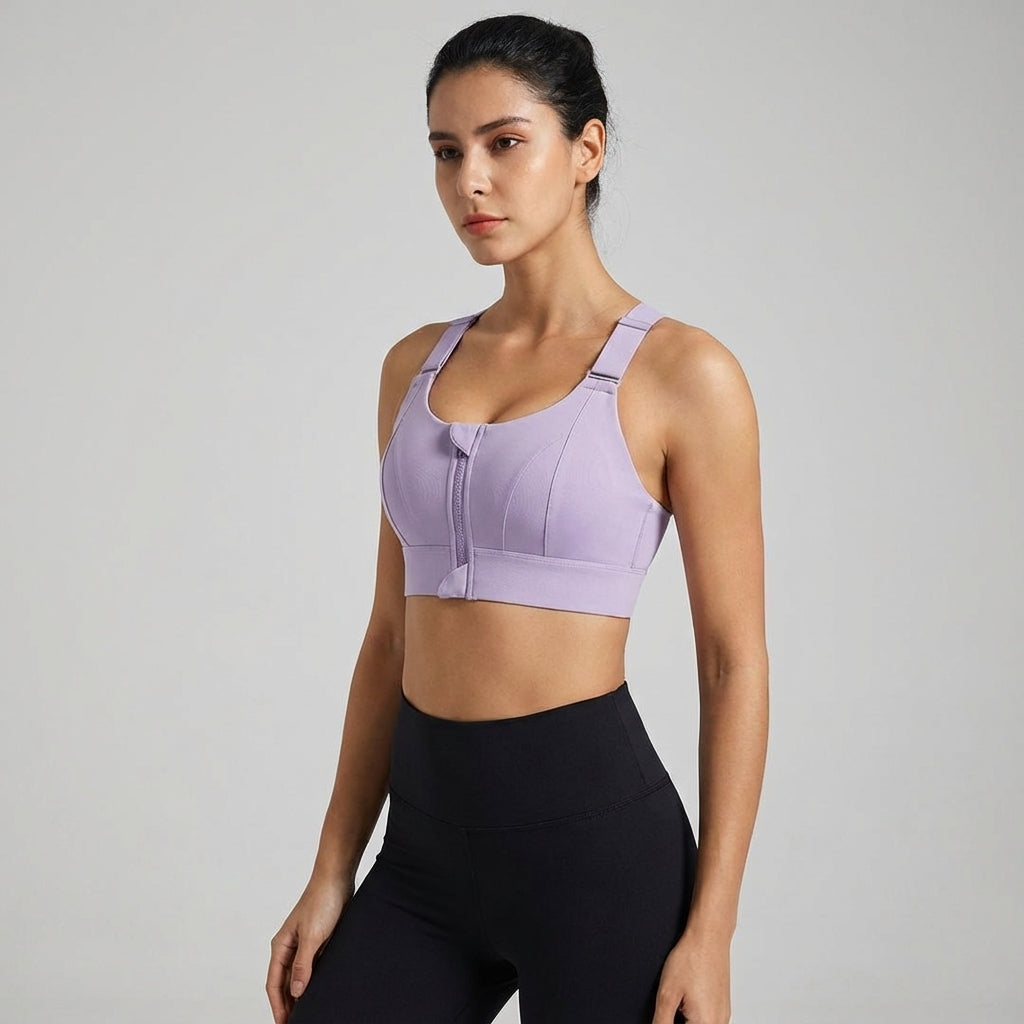 Women's zip-front sports bra on a mannequin, highlighting its sleek design and high support.