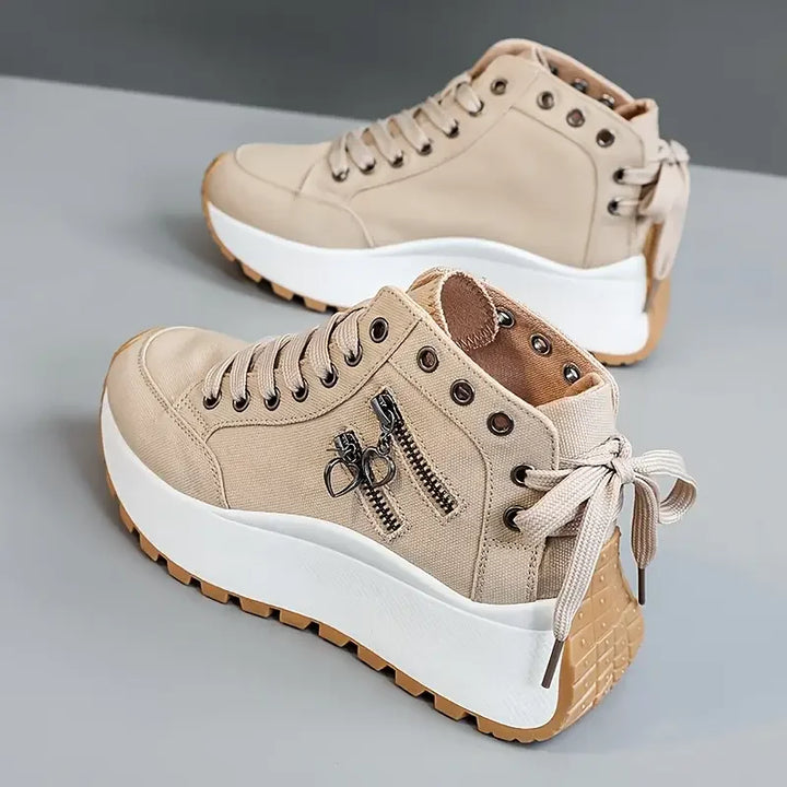 Back view of women's high-top sneakers, showcasing ankle support for comfort.
