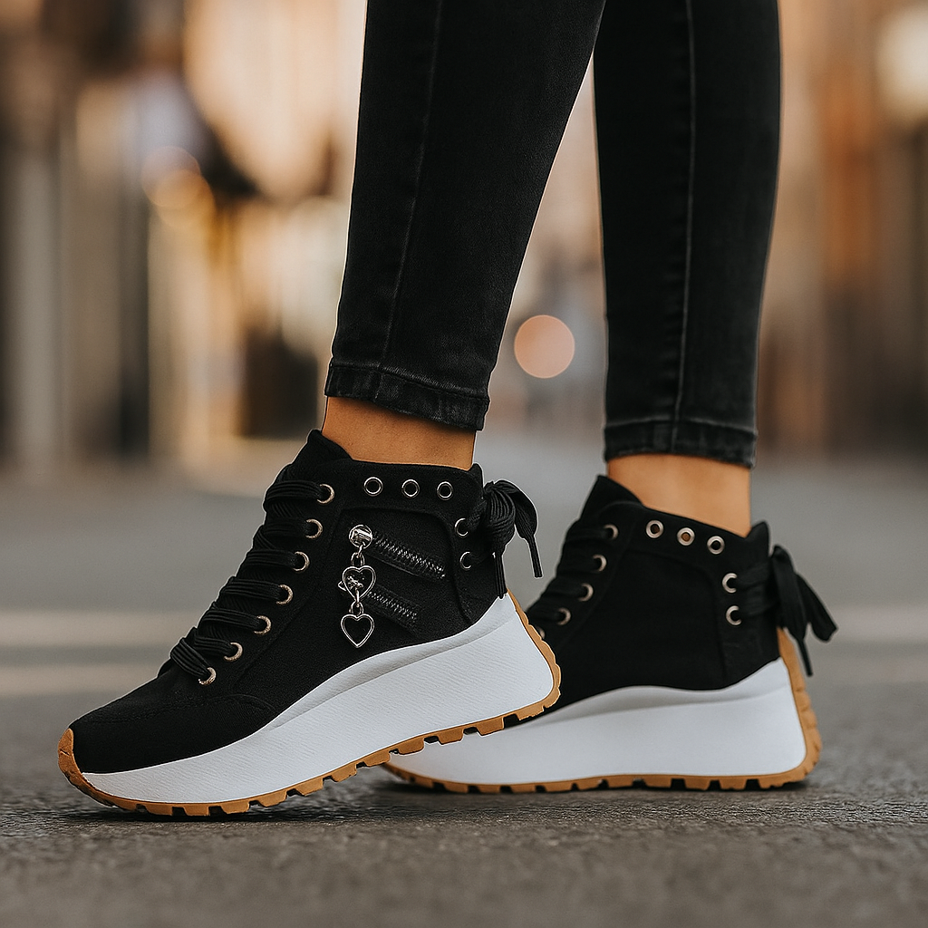 Close-up of women's high-top lace-up sneakers, classic design for versatile style.