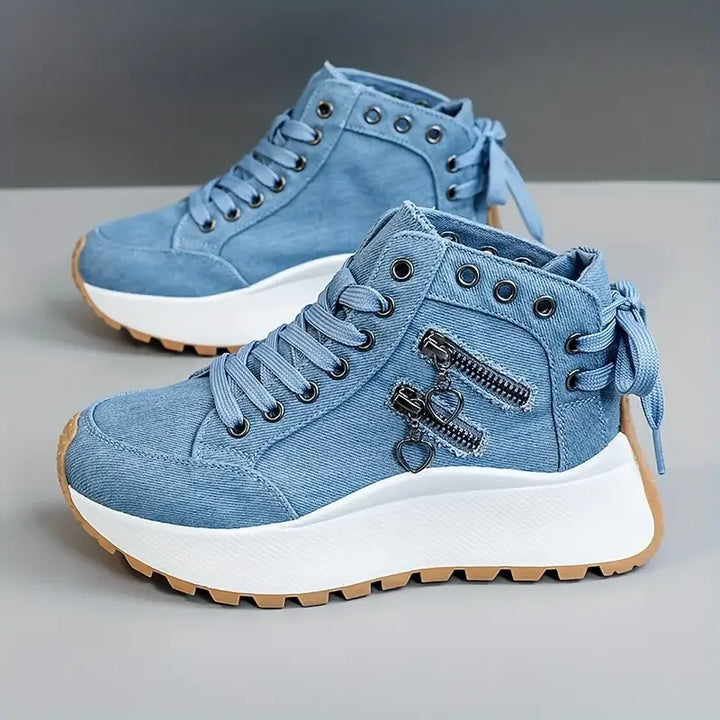 Woman walking in comfortable high-top sneakers, ideal for athletic casual & support.