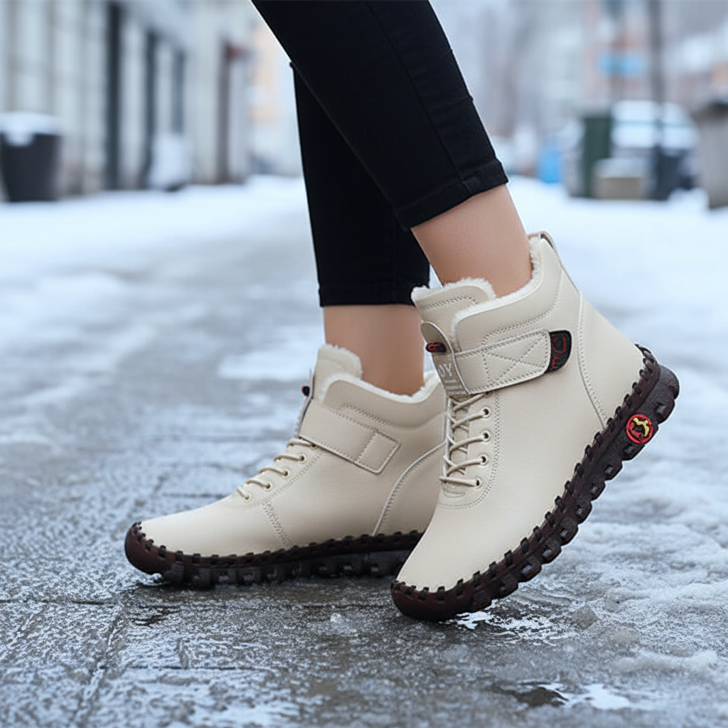 Women's high top winter boots in vegan leather, warm lining, non-slip sole for cold weather
