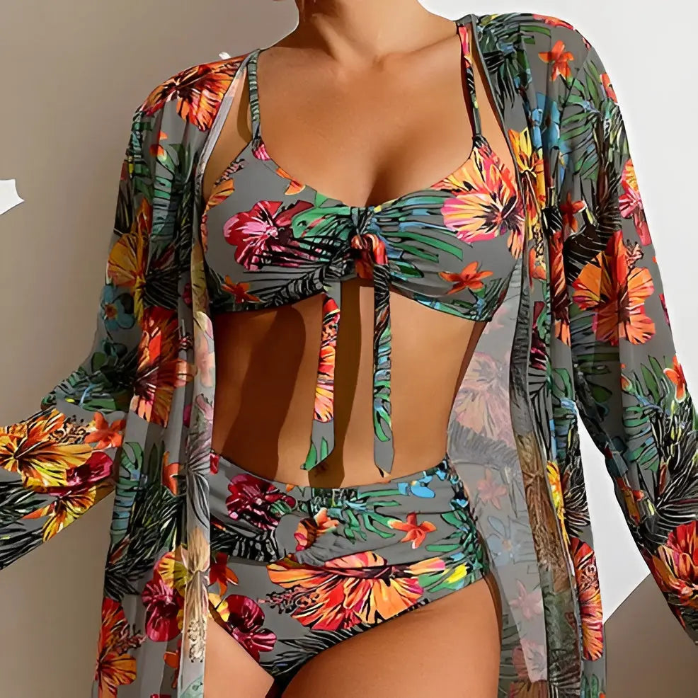Women's high-waist 3-piece floral print bikini set with cover-up, perfect for beachwear.