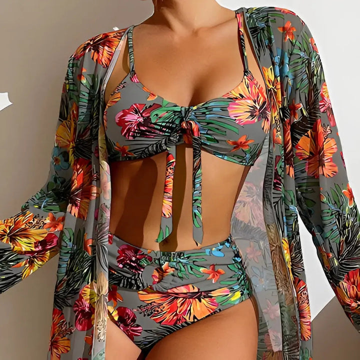 Yara three-piece high-waisted floral print bikini set for women with included cover-up.