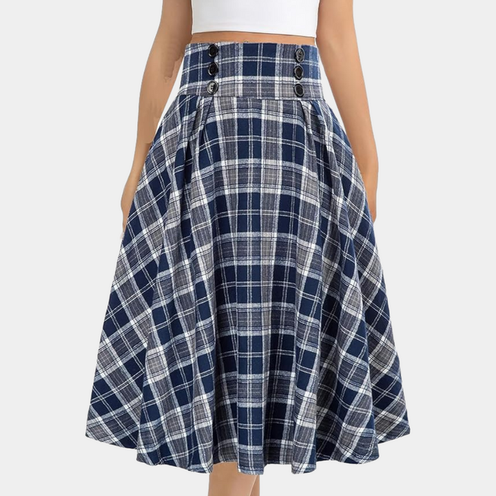 Women's high-waist A-line skirt, classic check pattern. Perfect for elegant fall and winter fashion.