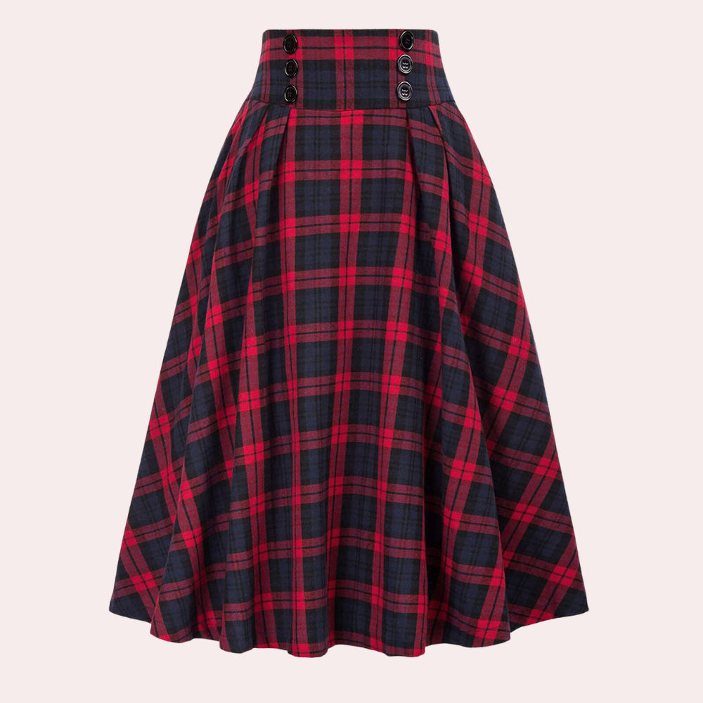 Classic women's high-waist A-line skirt in a timeless check pattern, ideal for chic fall and winter styles.