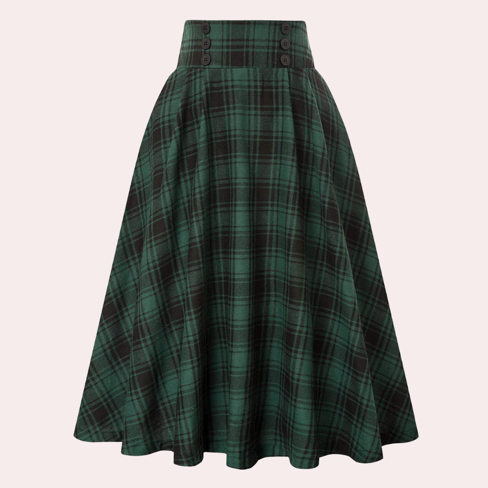 Elegant women's A-line skirt, high-waist fit, featuring a sophisticated check pattern. Great for versatile fashion.