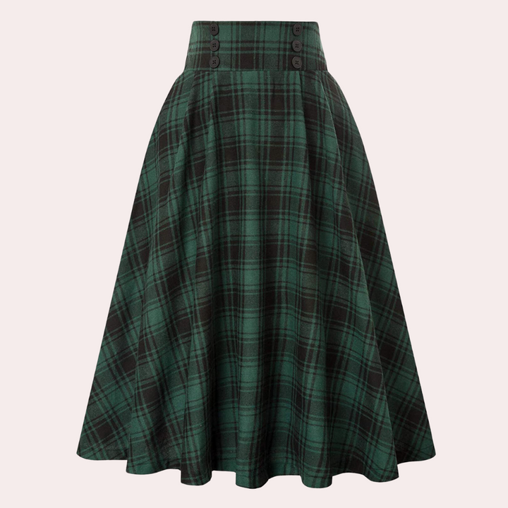 Elegant women's A-line skirt, high-waist fit, featuring a sophisticated check pattern. Great for versatile fashion.
