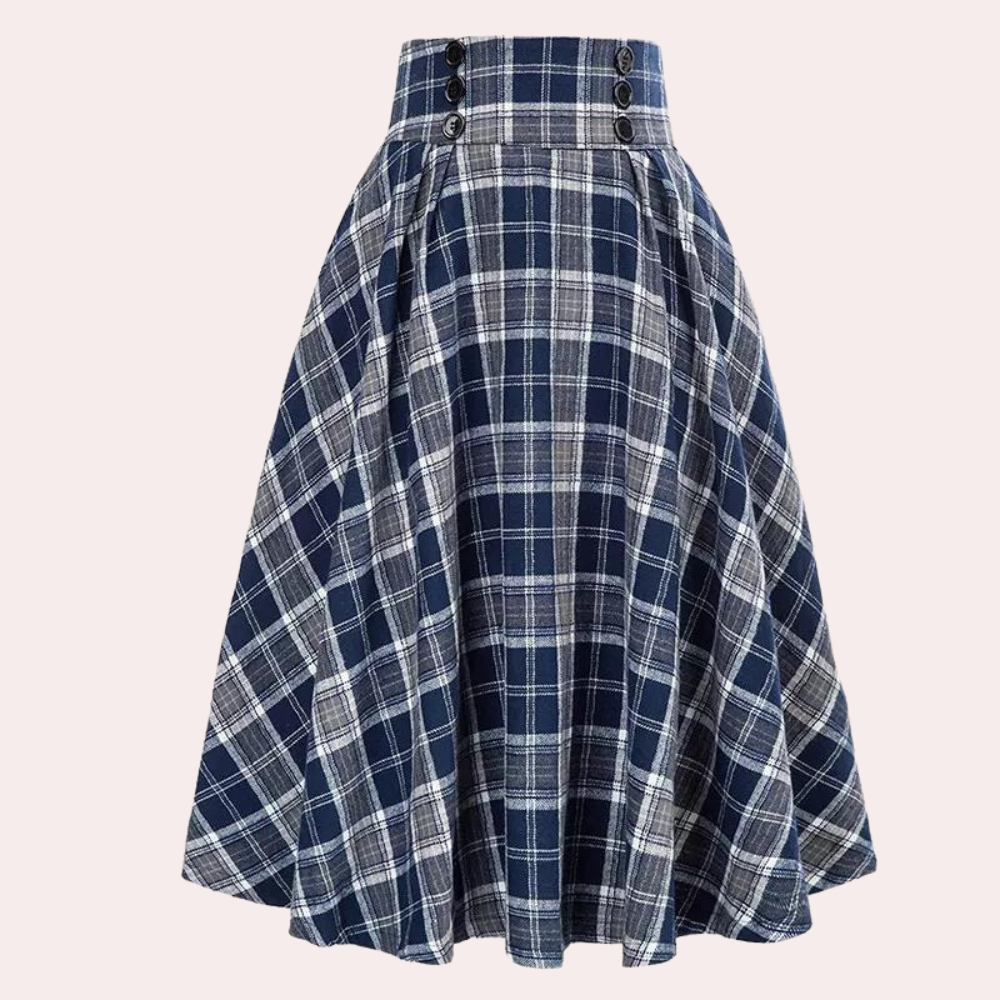 Stylish women's high-waist A-line skirt with a classic tartan check pattern. Perfect for autumn and winter outfits.
