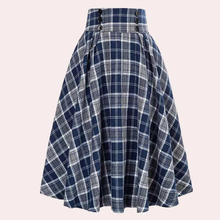 Stylish women's high-waist A-line skirt with a classic tartan check pattern. Perfect for autumn and winter outfits.