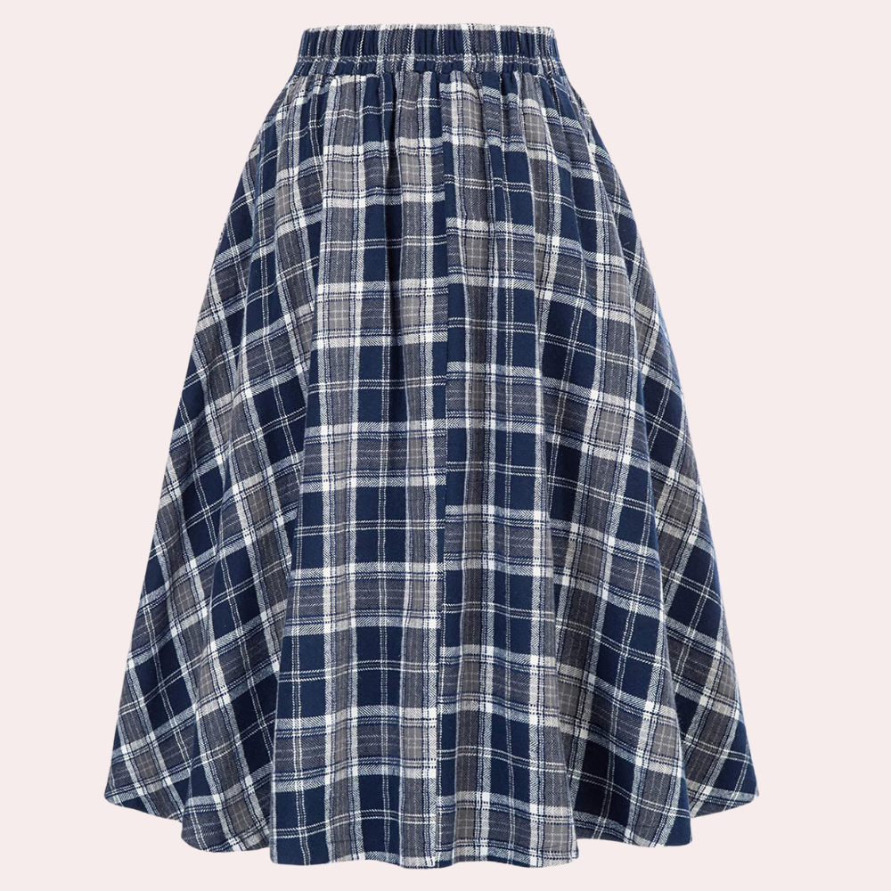 Fashionable women's high-waist A-line skirt with a vibrant check pattern. A versatile piece for classic style.