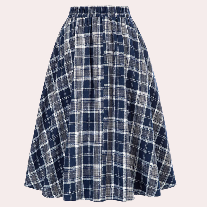 Fashionable women's high-waist A-line skirt with a vibrant check pattern. A versatile piece for classic style.