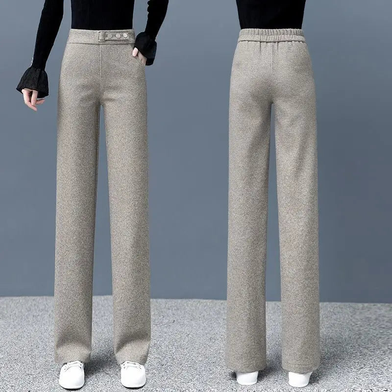 Elegant women's high-waist pants with herringbone pattern & button detail. Ideal for formal, office, or stylish casual.