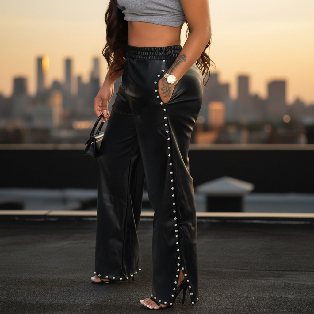Women's high waist baggy faux leather trousers in black, perfect for autumn casual chic.