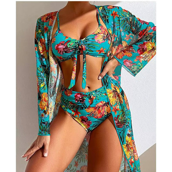 Women's vacation outfit: high waist bikini set with a matching flowy cover-up, ready for sun.