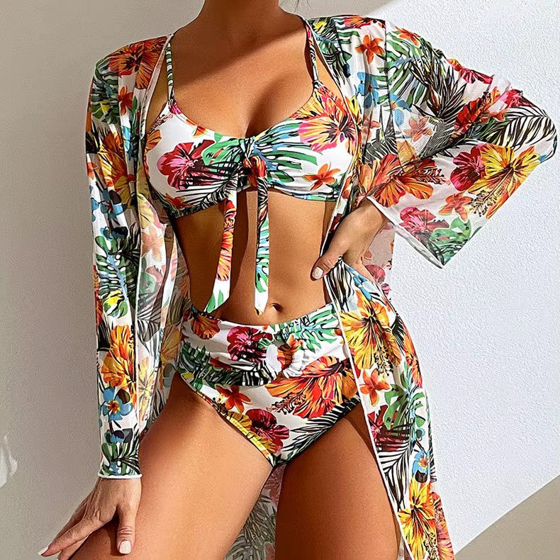 The complete women's swimwear look: high waist bikini set and elegant matching cover-up.