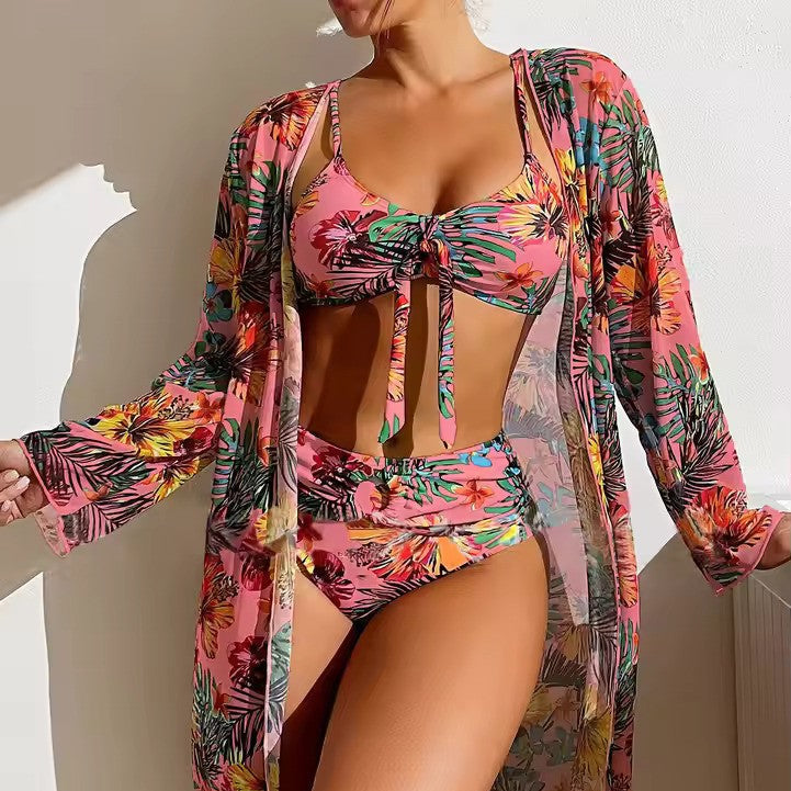 Trendy printed high waist bikini set & matching cover-up for women's ultimate summer style.