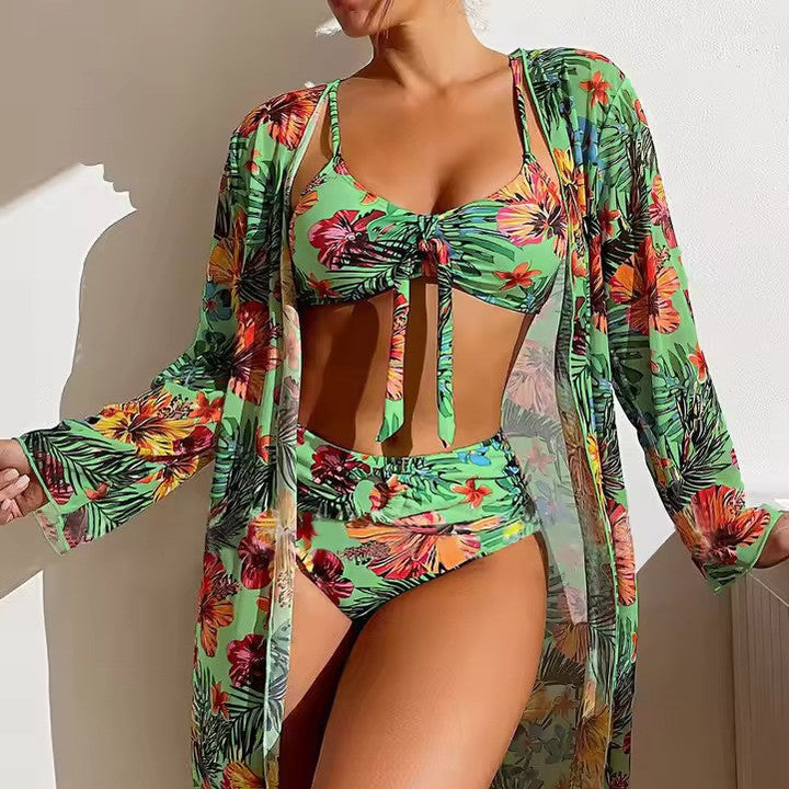 Women's quick-dry high waist bikini set with a coordinated cover-up, great for active beach days.
