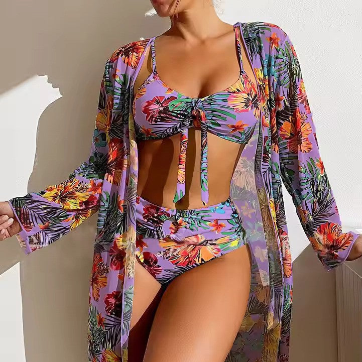 Enjoy summer in this women's high waist bikini set and matching cover-up, ideal for any vacation.