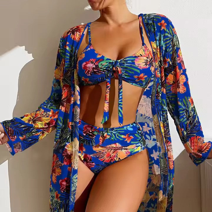 Chic women's high waist bikini set with a stylish matching cover-up, a must-have for beachwear.