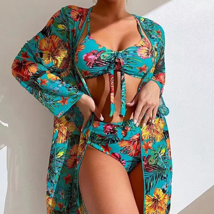 Printed high waist bikini and flowy cover-up; perfect women's swimwear for summer vacations.