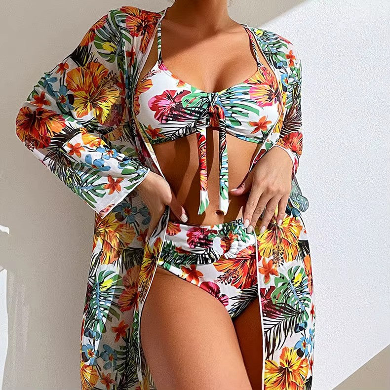 Stylish high waist bikini set & matching cover-up, essential women's beachwear for summer fashion.