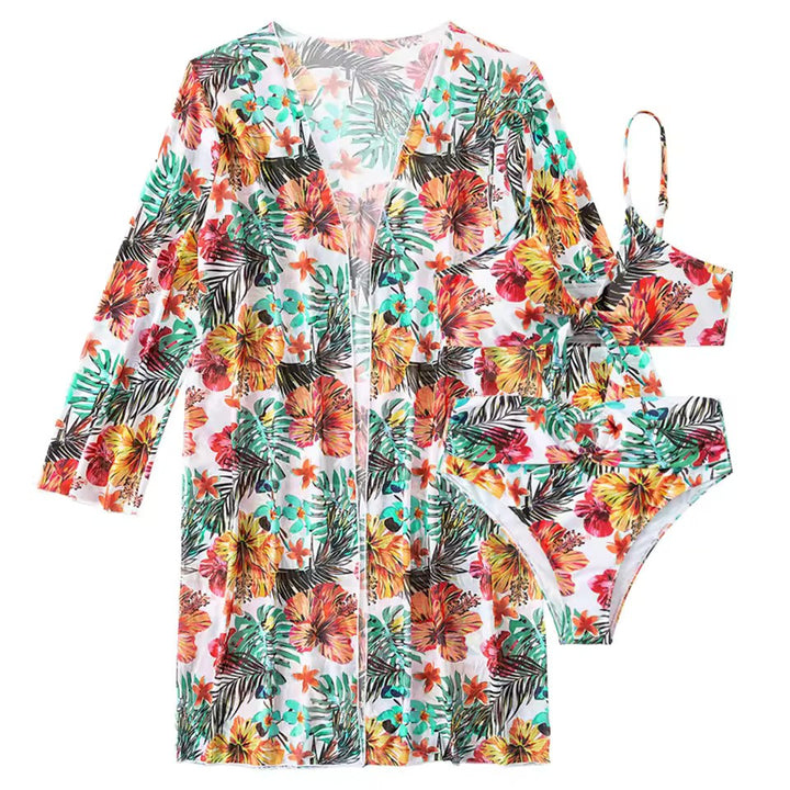 Women's summer fashion: high waist bikini set and matching cover-up, perfect for beach adventures.