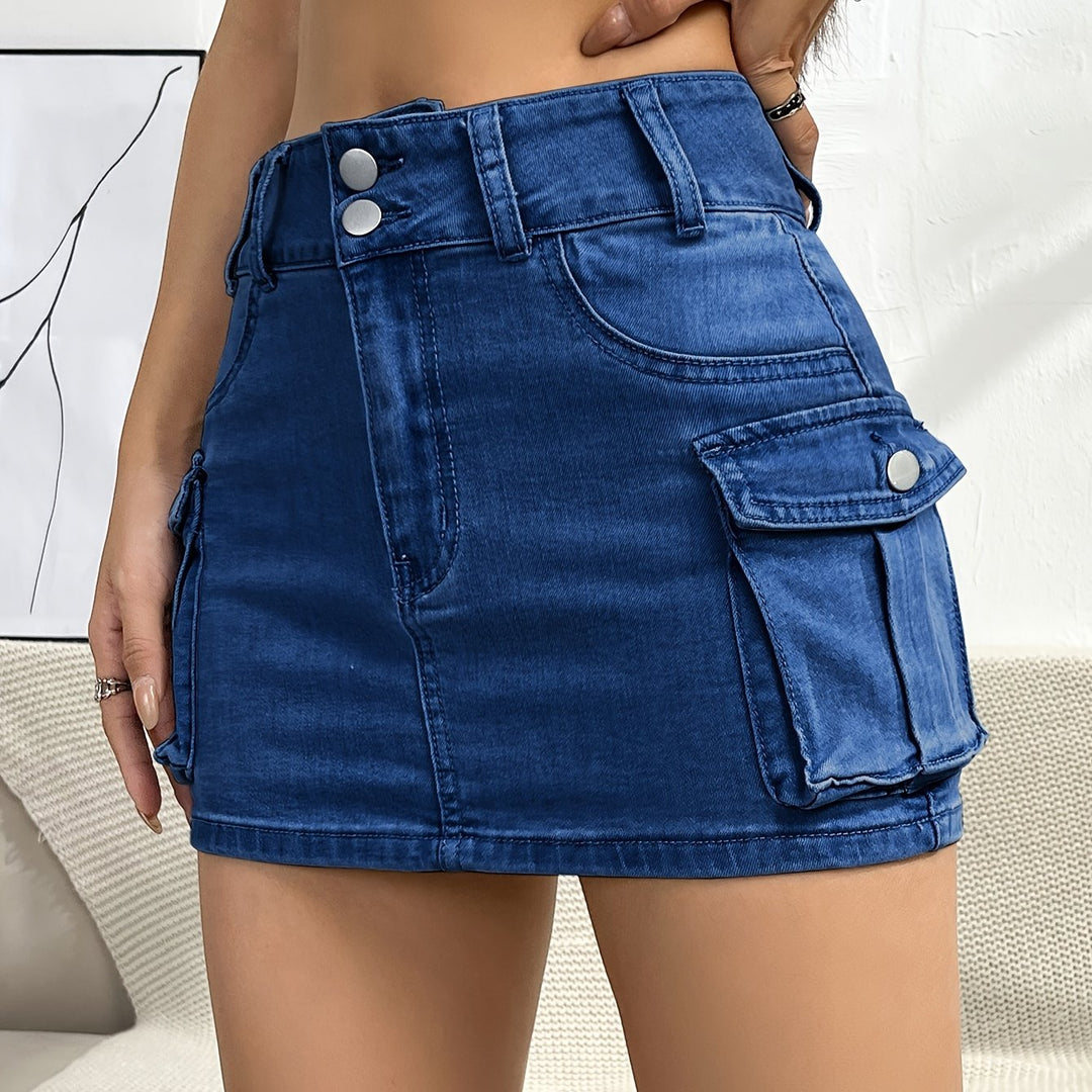 Women's high waist cargo mini skirt in a dynamic pose, emphasizing its movement and modern street style.