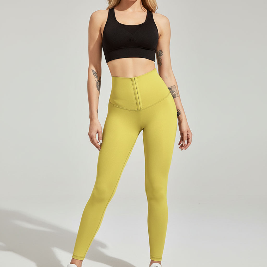 Durable women's yoga pants, high-waisted with corset styling, great for all fitness activities.