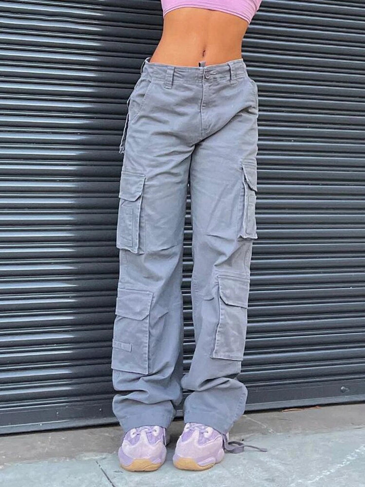 Women's high waist cotton cargo trousers, loose fit, wide leg for summer casual streetwear look.