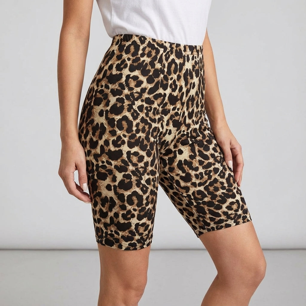 Melissa high-waist leopard print cycling shorts, close-up of stretch fabric and pattern.