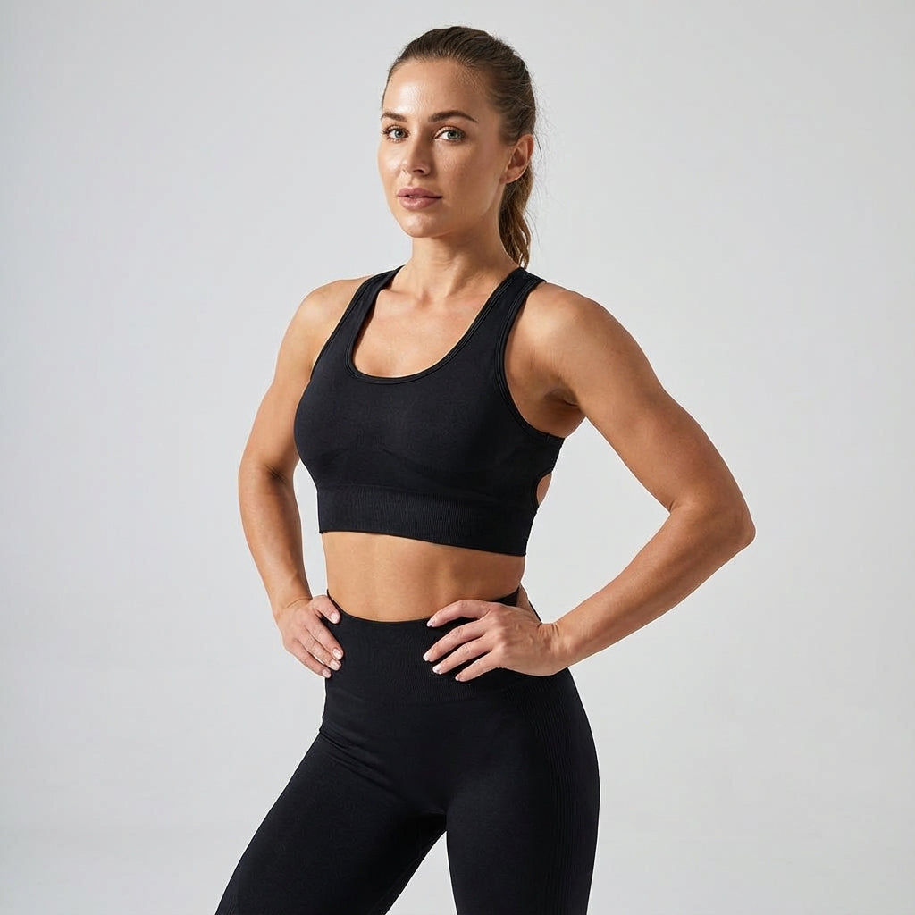 Athletic women's sports set featuring quick-dry high-waist leggings & supportive racerback top