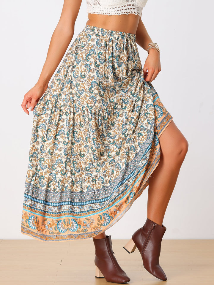 Women's high waist printed maxi skirt with flowing side slit for summer vacation style.