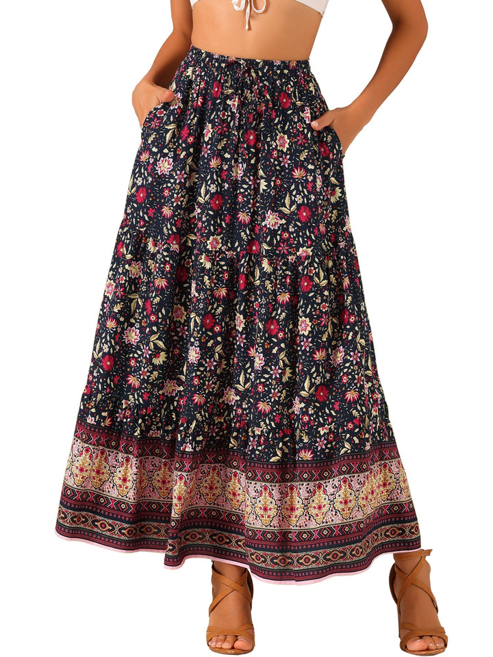 Women's summer printed maxi skirt, high waist, offering a flowing fit and elegant side slit.