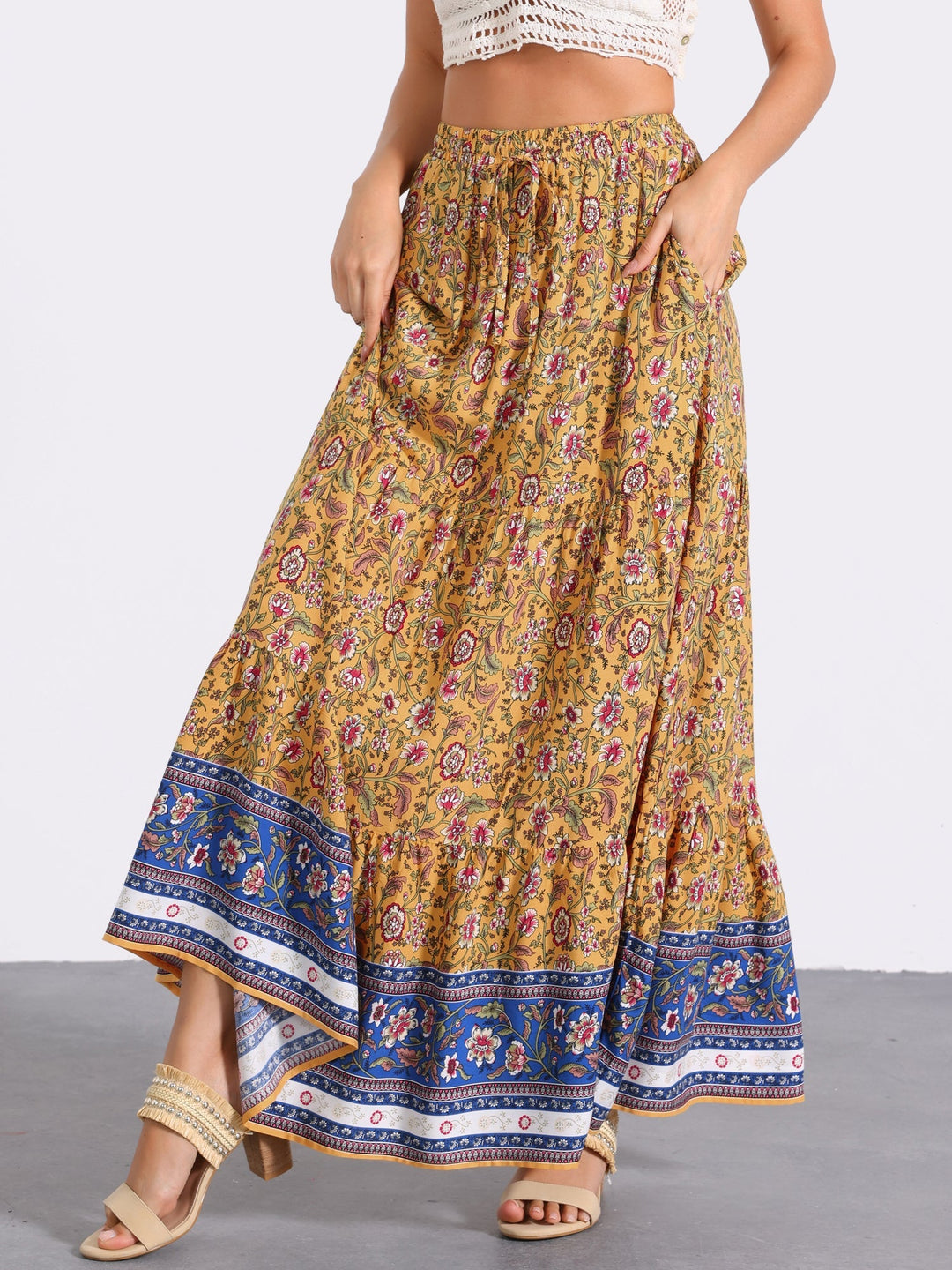 Printed casual high waist maxi skirt with a comfortable flowing side slit, summer outfit.