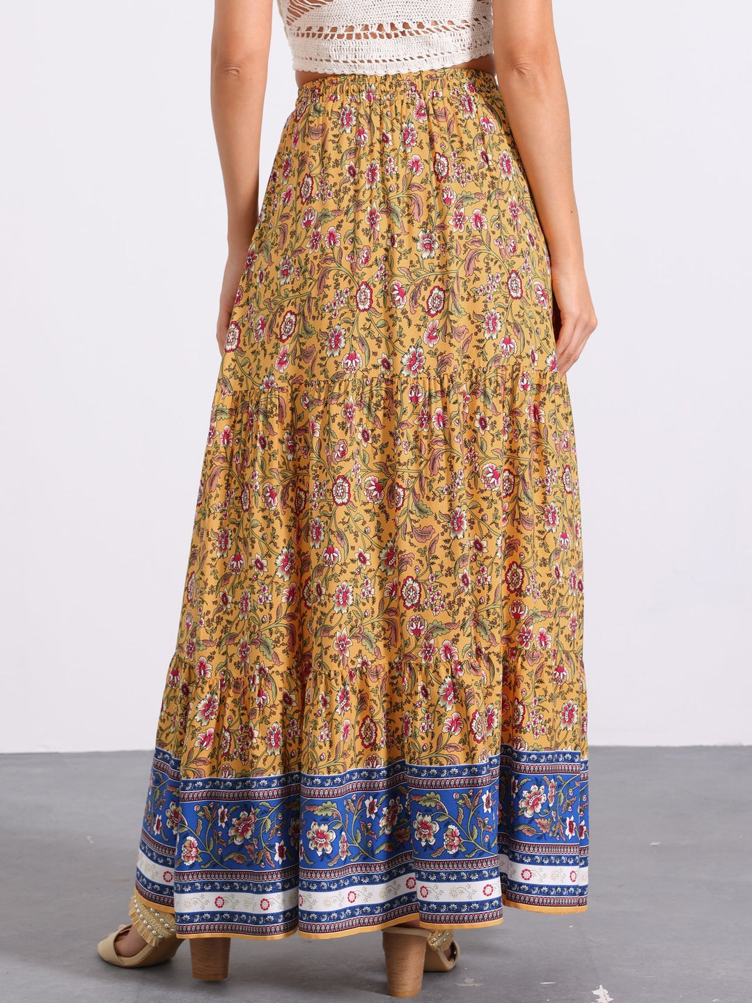 Women's high waist printed flowing maxi skirt, perfect for vacation or summer events.