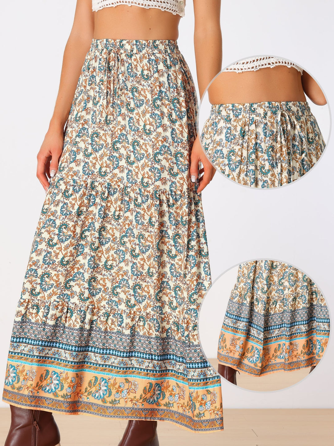 Vibrant printed high waist maxi skirt, flowing fabric & stylish side slit for casual wear.