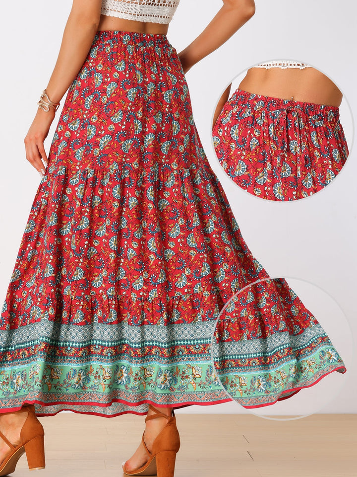Bohemian-inspired high waist maxi skirt, printed, with a fluid side slit, women's fashion.