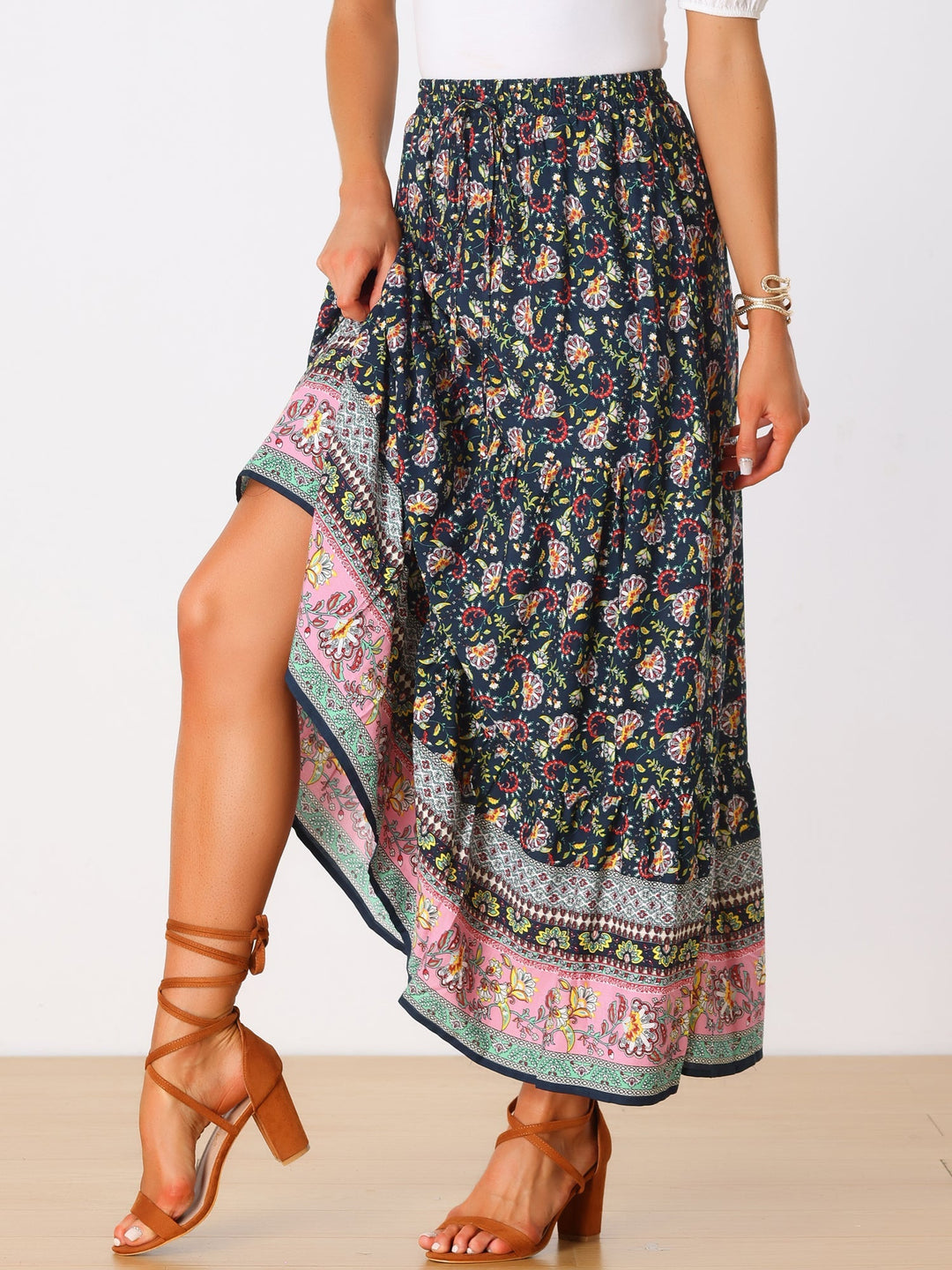 Printed maxi skirt, high waist, flowing fabric, and an alluring side slit for women.